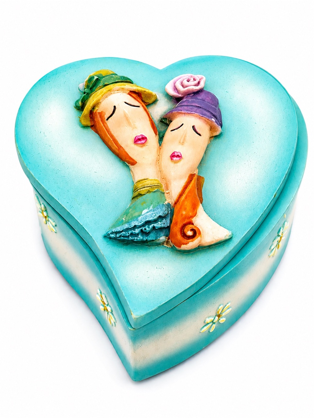 Whimsical Heart-Shaped Keepsake Trinket Box – Romantic Lady Faces – Handcrafted